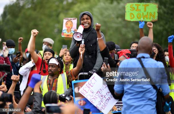Actor John Boyega delivers a speech during a Black Lives Matter protest in Hyde Park on June 3, 2020 in London, United Kingdom. The death of an...