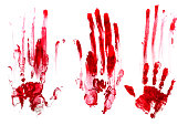 Bloody handprints, white background. Red.