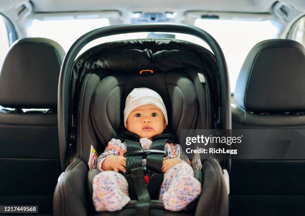 baby in einem carseat - fahrzeugschein stock-fotos und bilder