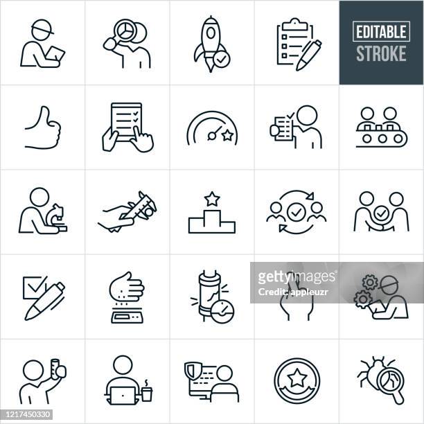 quality control thin line icons - editable stroke - magnifying glass stock illustrations