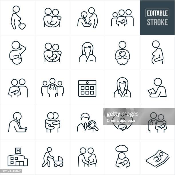 ilustraciones, imágenes clip art, dibujos animados e iconos de stock de iconos de línea delgada de obstetra y embarazo - trazo editable - asistente sanitario