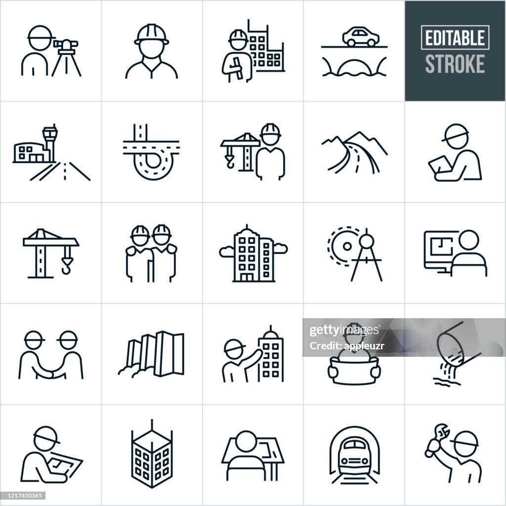 Civil Engineering Thin Line Iconen - Bewerkbare slag