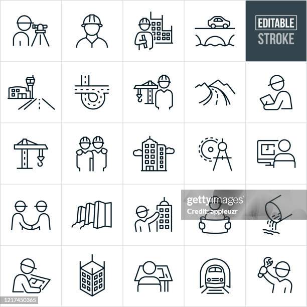 stockillustraties, clipart, cartoons en iconen met civil engineering thin line iconen - bewerkbare slag - bouwen