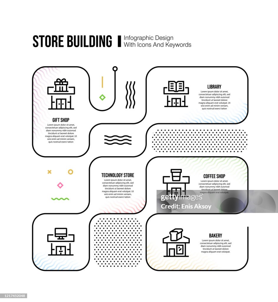 Infographic design template with store building keywords and icons