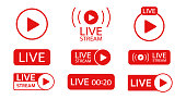 Live stream icon set. Social media template. Live streaming, video, news symbol on transparent background. Broadcasting, online stream. Play button. Social network sign. Vector illustration