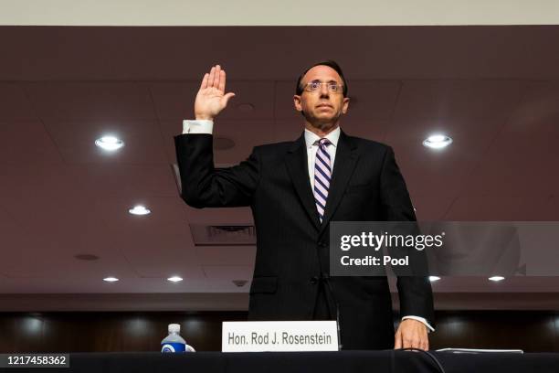 Former U.S. Deputy Attorney General Rod Rosenstein is sworn in at a hearing of the Senate Judiciary Committee on Capitol Hill on June 03, 2020 in...