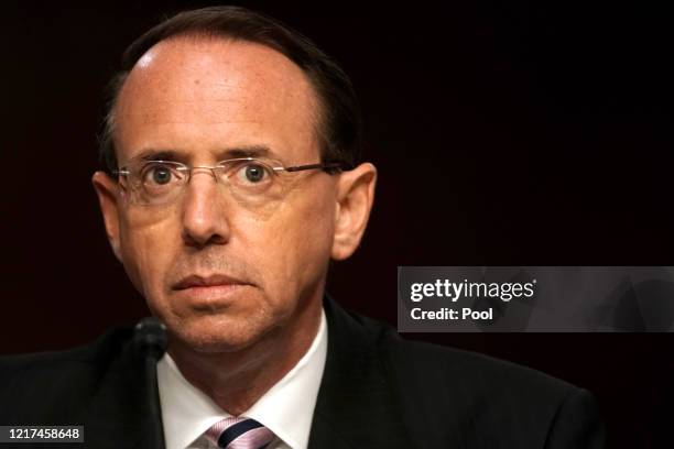 Former Deputy Attorney General Rod Rosenstein testifies during a Senate Judiciary Committee hearing to discuss the FBI's "Crossfire Hurricane"...