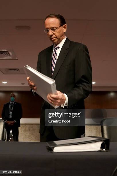 Former Deputy Attorney General Rod Rosenstein arrives for a Senate Judiciary Committee hearing to discuss the FBI's "Crossfire Hurricane"...