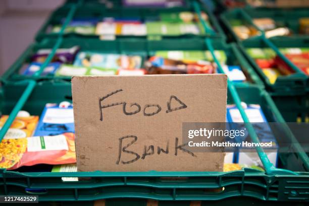 Sign at a food bank on February 29, 2020 in Cardiff, United Kingdom. There are estimated to be 2,000 food banks across the UK, with the Trussell...