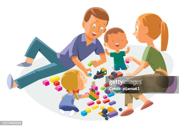 ilustrações de stock, clip art, desenhos animados e ícones de happy parents with children playing game at home - children indoor