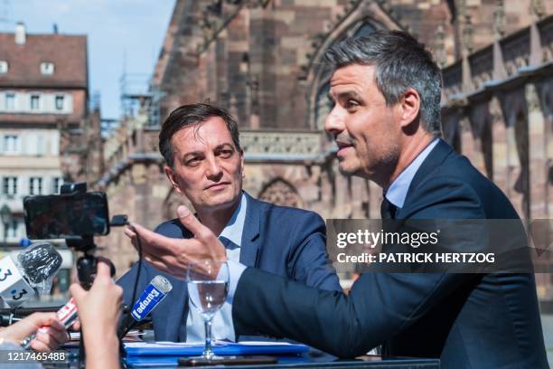 Strasbourg city hall candidates Alain Fontanel of the ruling party La Republique en Marche and Jean-Philippe Vetter of Les Republicains address a...