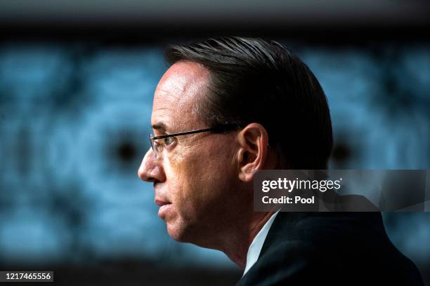 Former U.S. Deputy Attorney General Rod Rosenstein testifies at hearing of the Senate Judiciary Committee on Capitol Hill on June 03, 2020 in...
