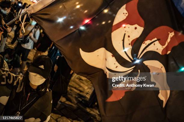 Pro-democracy activist takes part in a rally on the eve of Tiananmen Square Massacre candlelight vigil commemoration outside of the Lai Chi Kok...