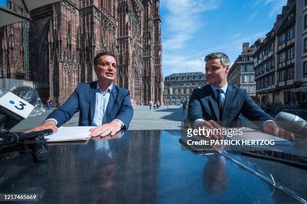 Strasbourg city hall candidates Alain Fontanel of the ruling party La Republique en Marche and Jean-Philippe Vetter of Les Republicains address a...