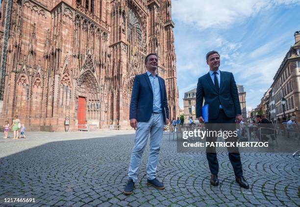 Strasbourg city hall candidates Alain Fontanel of the ruling party La Republique en Marche and Jean-Philippe Vetter of Les Republicains address a...