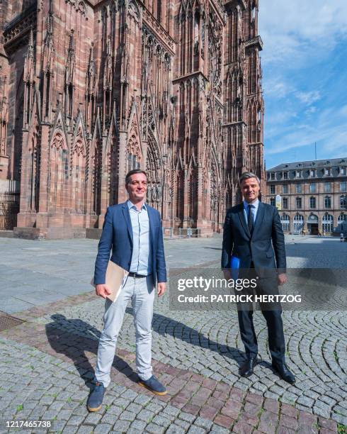 Strasbourg city hall candidates Alain Fontanel of the ruling party La Republique en Marche and Jean-Philippe Vetter of Les Republicains pose as they...