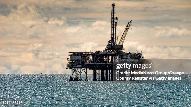 An off-shore oil platform off the coast in Huntington Beach on Sunday, April 5, 2020.