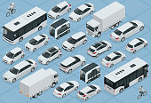 Flat 3d isometric high quality city transport car icon set. Bus, bicycle courier, Sedan, van, cargo truck, off-road, bike, mini and sport cars. Urban public and freight vehihle
