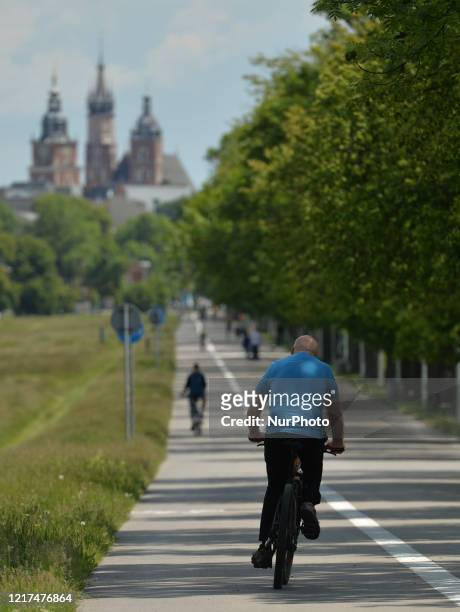 Person riding a bicycle in Krakow's Blonia Park on International World Bicycle Day. On June 3 in Krakow, Poland.