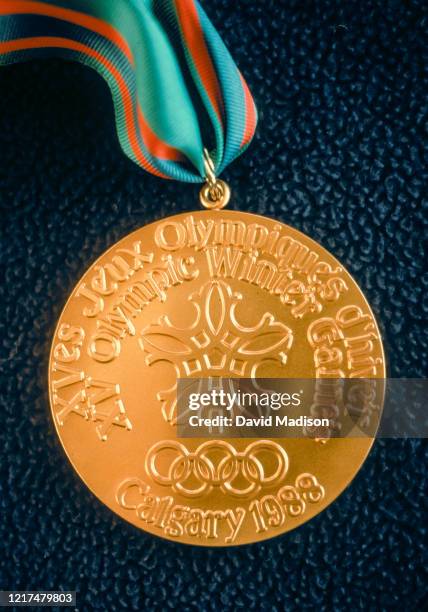 Closeup view of an Olympic gold medal awarded during the 1988 Olympic Games held in Calgary, Canada.