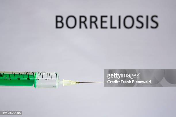 This photo illustration shows a disposable syringe with hypodermic needle, BORRELIOSIS written on a white board behind.