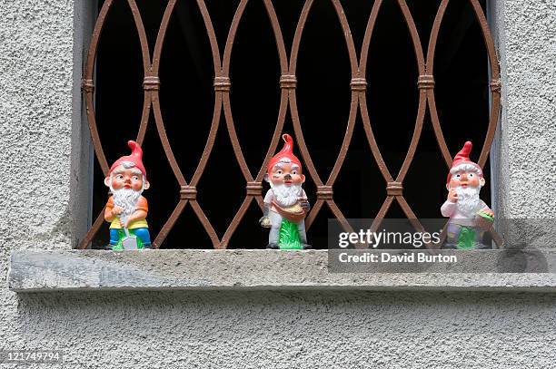 garden gnomes on window ledge - zwerg stock-fotos und bilder