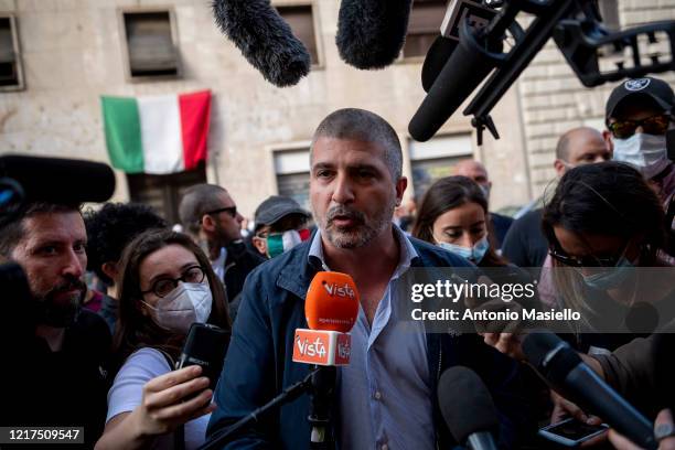 Simone Di Stefano leader of far-right political party Casapound speaks to the media during the impoundment of the Casapound headquarters, during...