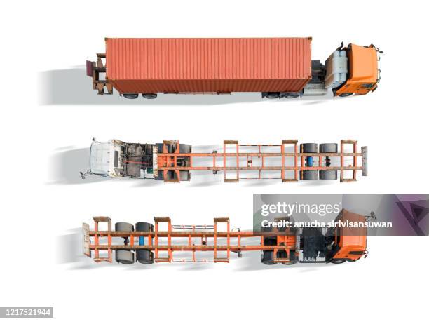 aerial top view trucks and trailers with clipping paths. - shipping container top view - fotografias e filmes do acervo