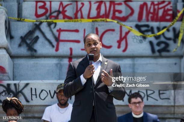 Virginia Lieutenant Gov. Justin Fairfax speaks to demonstrators in front of a statue of Confederate General Robert E. Lee is pictured on June 4, 2020...