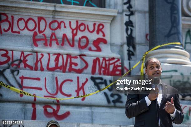 Virginia Lieutenant Gov. Justin Fairfax speaks to demonstrators in front of a statue of Confederate General Robert E. Lee is pictured on June 4, 2020...