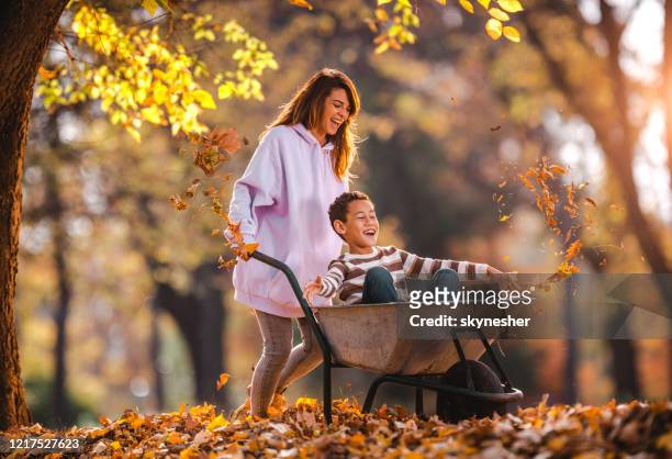 happy single mother pushing her small adopted son in a wheelbarrow at the park. - wheelbarrow stock pictures, royalty-free photos & images