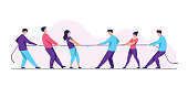 People pulling opposite ends of rope flat vector illustration