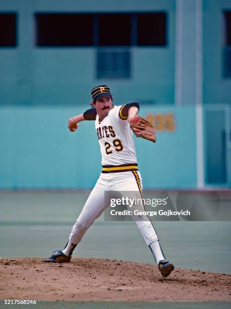 Pitcher Rick Rhoden of the Pittsburgh Pirates pitches during a Major League Baseball game at Three Rivers Stadium in 1981 in Pittsburgh, Pennsylvania.