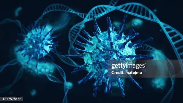 ominous blue coronavirus cells intertwined with dna and white blood cells on dark - covid virus isolated stock pictures, royalty-free photos & images