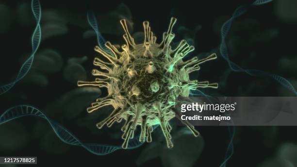 single coronavirus cell with dna strands and white blood cells - variation stock pictures, royalty-free photos & images