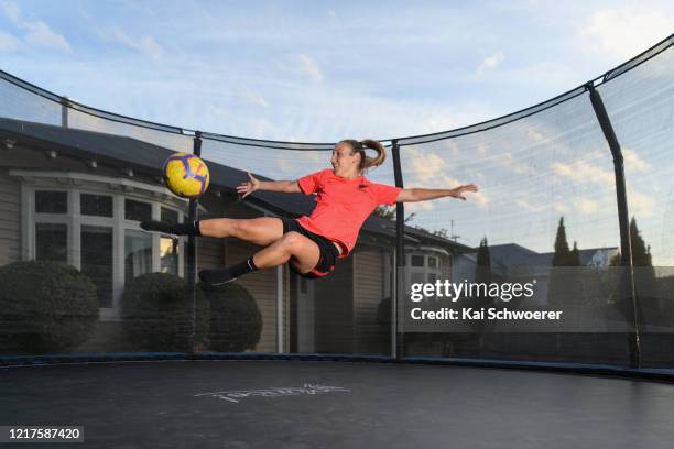 New Zealand Football Ferns player Annalie Longo training in isolation in her backyard on April 08, 2020 in Christchurch, New Zealand. New Zealand has...