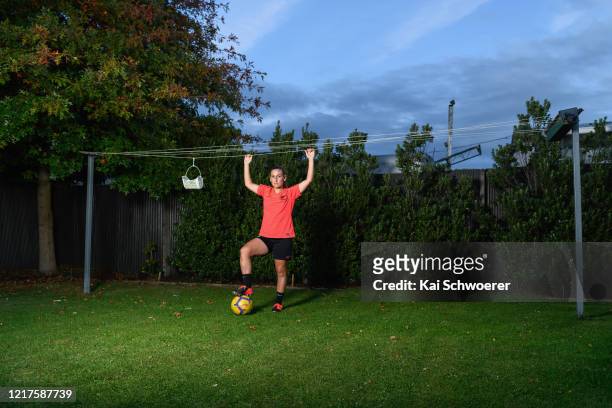 New Zealand Football Ferns player Annalie Longo poses during a training session in isolation in her backyard on April 08, 2020 in Christchurch, New...