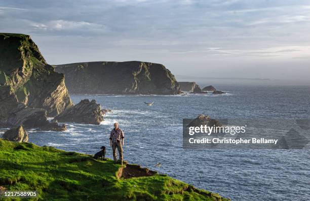 man and his dog stood on cliff top - scottish coastline stock pictures, royalty-free photos & images