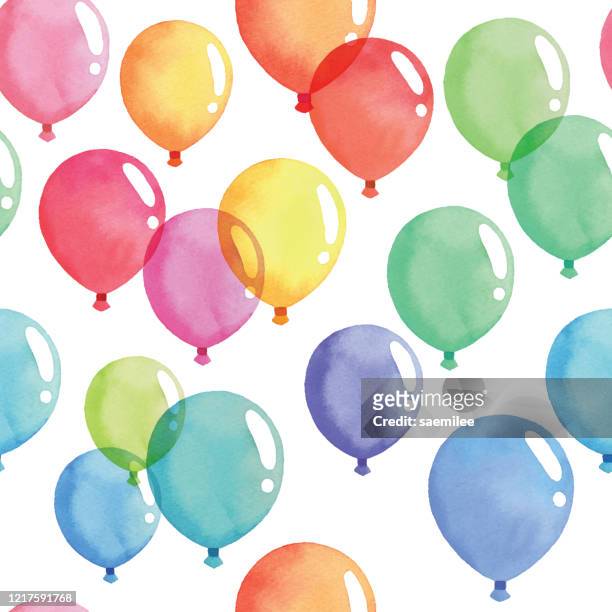 aquarell nahtlose hintergrund mit coloful ballon - luftballon stock-grafiken, -clipart, -cartoons und -symbole
