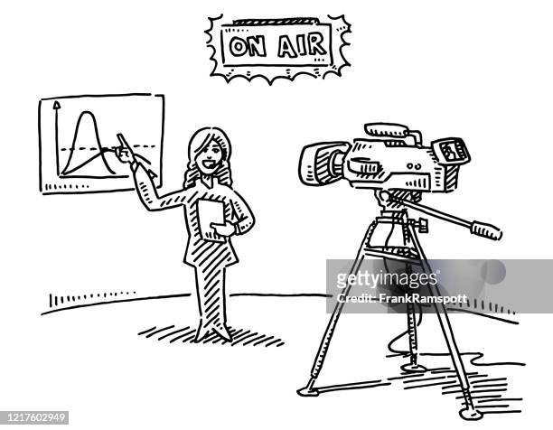 tv broadcast on air presenter and camera drawing - camera stand stock illustrations
