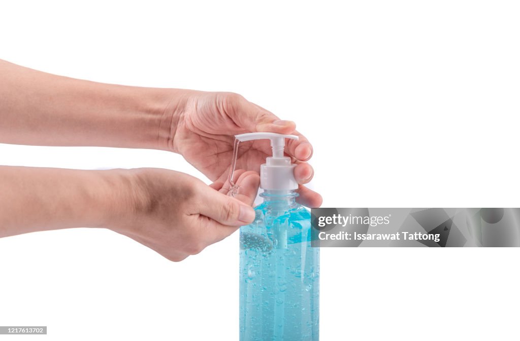 Hand of lady that applying alcohol gel or anti bacteria soap to make cleaning and clear germ, bacteria,