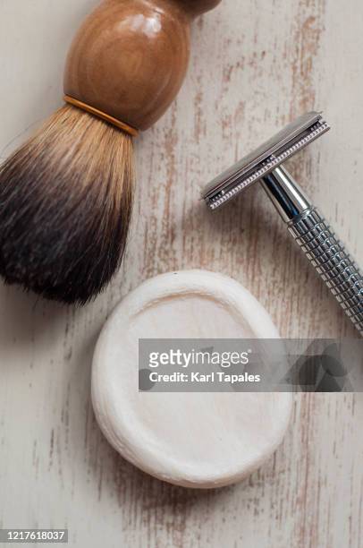 still life of old-fashioned shaving kit on a white wooden rustic table - wood shaving stock pictures, royalty-free photos & images