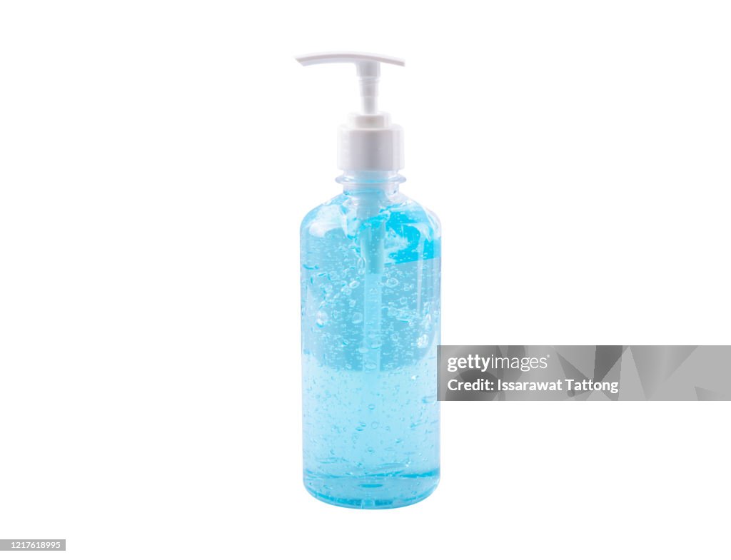 Alcohol gel sanitizer hand gel cleaners for anti bacteria and virus on white background, people using alcohol gel to wash hands to prevent covid-19 virus
