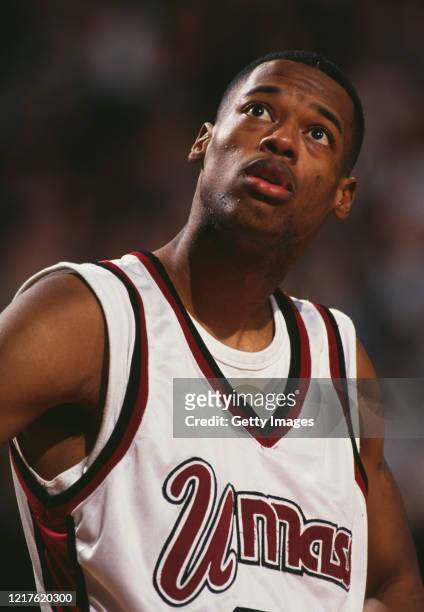 Marcus Camby, Center for the University of Massachusetts Minutemen during the NCAA Atlantic 10 Conference college basketball game against the Temple...