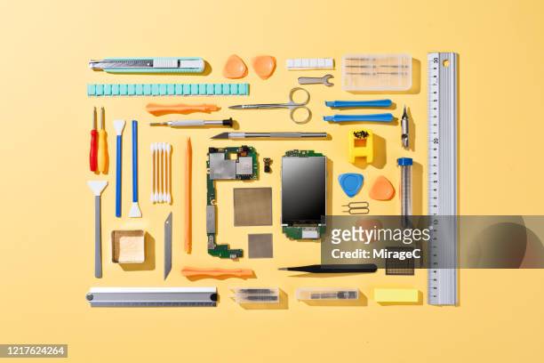 collection of tools for fixing mobile phone - knolling tools stock pictures, royalty-free photos & images