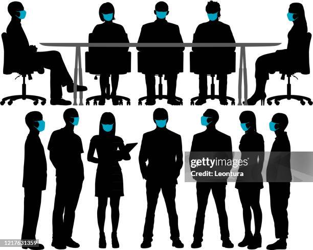 meeting with surgical masks. - conference table stock illustrations