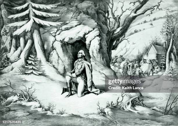 general george washington im gebet in valley forge - american troops at valley forge stock-grafiken, -clipart, -cartoons und -symbole