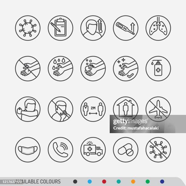 illustrations, cliparts, dessins animés et icônes de symptômes et préventions de la maladie covid-19 icônes colorées de l’art en ligne - reglement