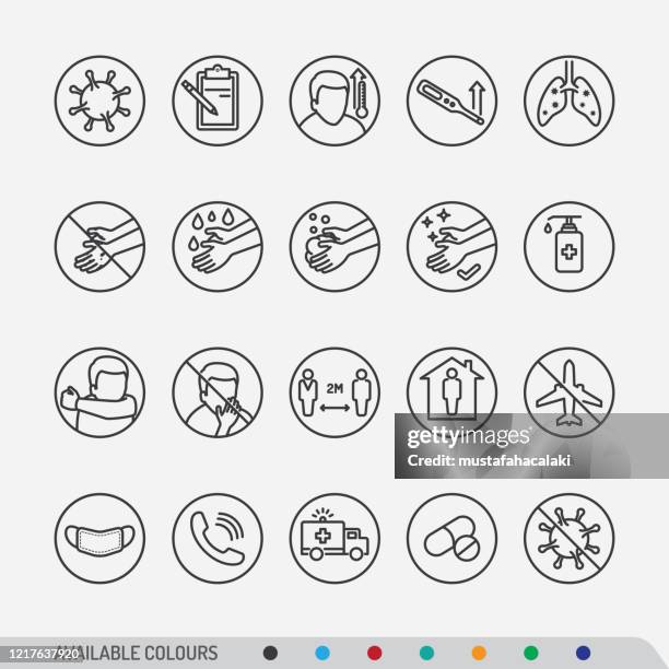 stockillustraties, clipart, cartoons en iconen met covid-19 ziekte symptomen en preventies kleurrijke line-art iconen - hand sanitizer