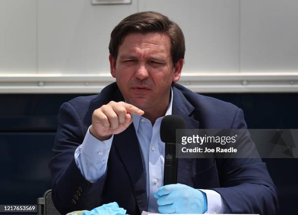 Florida Gov. Ron DeSantis speaks during a press conference at the Miami Beach Convention Center on April 08, 2020 in Miami Beach, Florida. Gov....